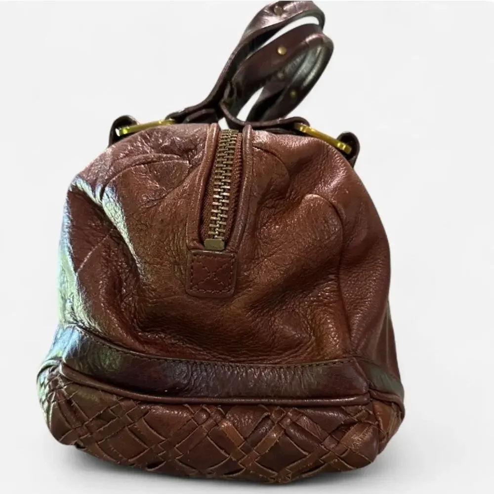 Elliot Lucca Brown Leather Satchel Y2K Woven Detail Top Handle Bag
